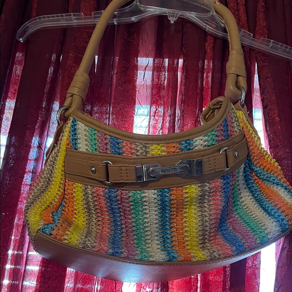 Rosetti Multicolor Crochet Stripe Shoulder Bag with Tan Trim